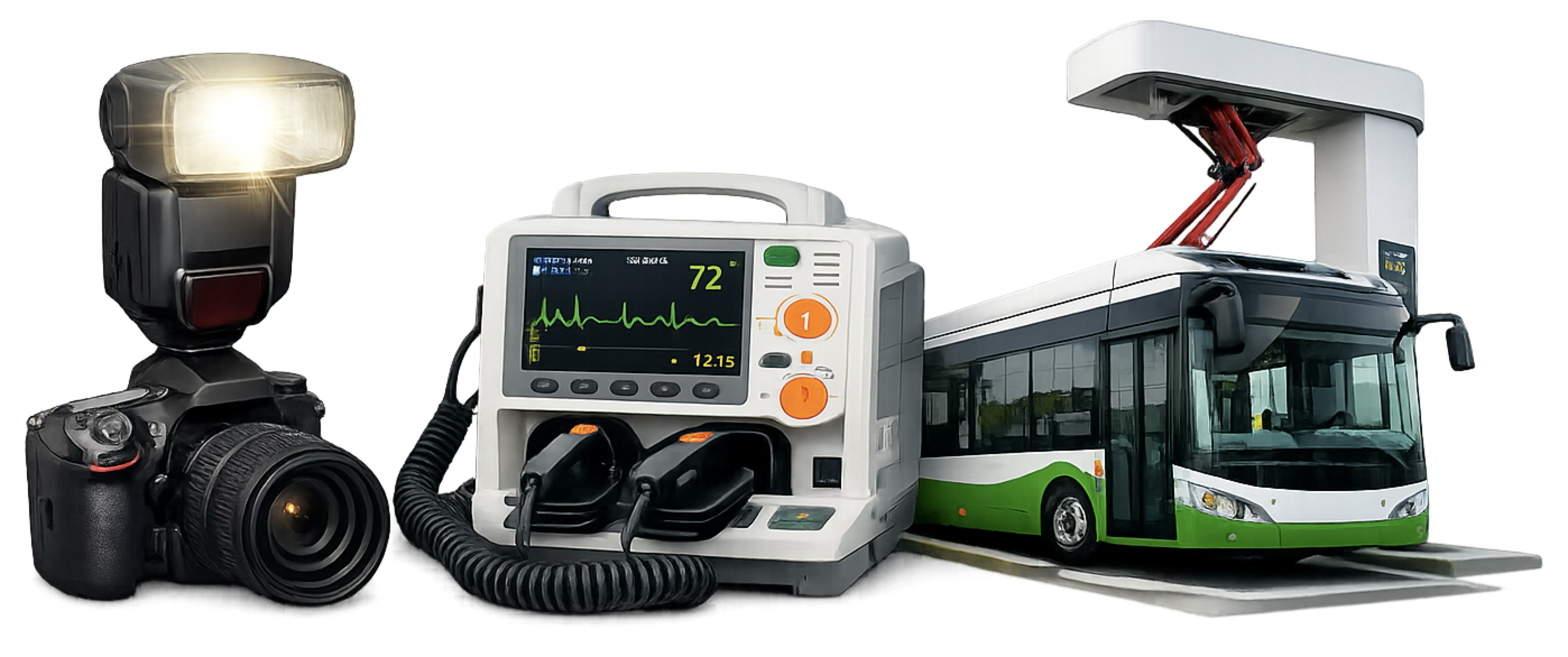 Un flash d'appareil photo, un défibrillateur et un autobus électrique à supercondensateurs, en recharge