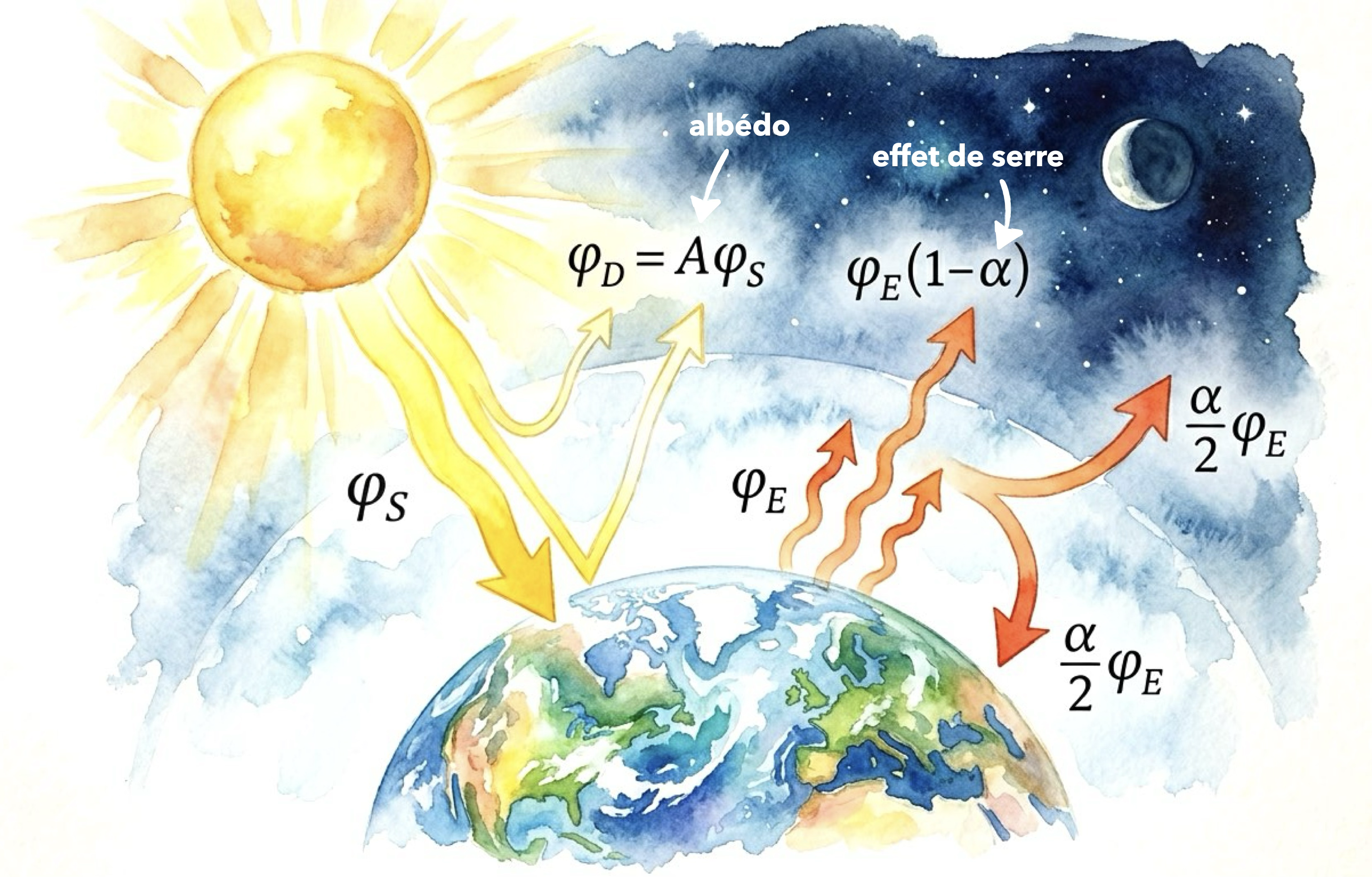 Le modèle à une couche : le flux solaire, la part réfléchie par l'albédo, le rayonnement de la Terre, la part qui traverse l'atmosphère et celle qu'elle réémet vers l'espace et vers le sol