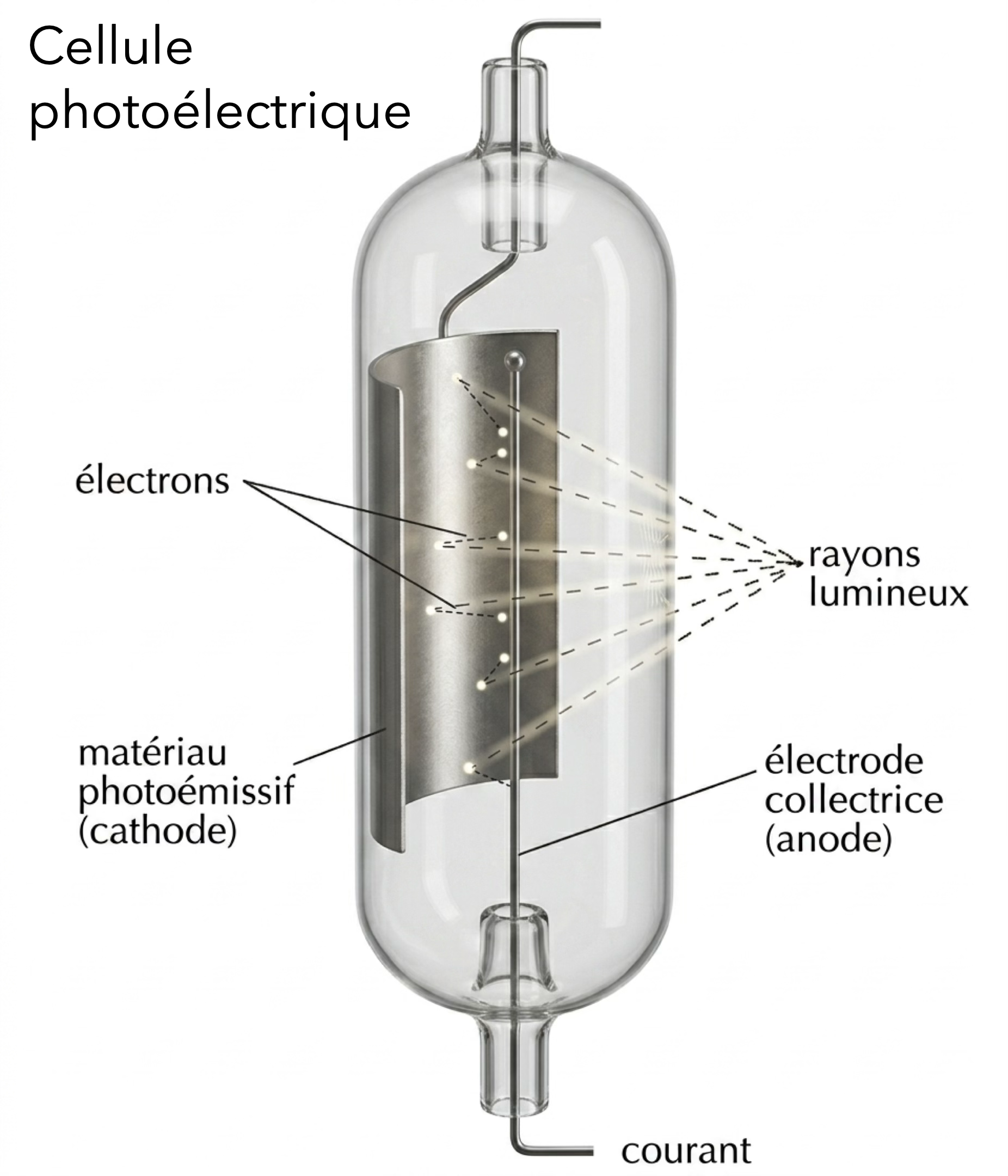 Une cellule photoélectrique : une cathode photoémissive et une électrode collectrice dans une ampoule de verre