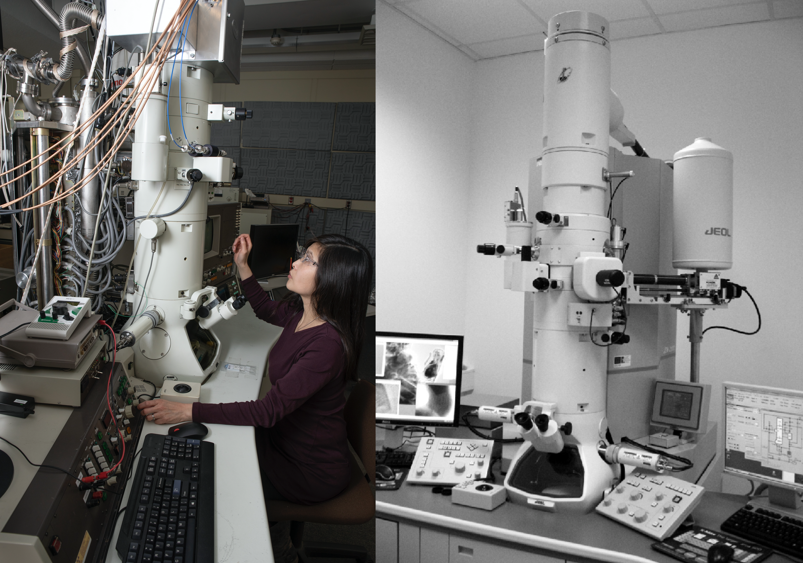 Deux microscopes électroniques en transmission dans un laboratoire