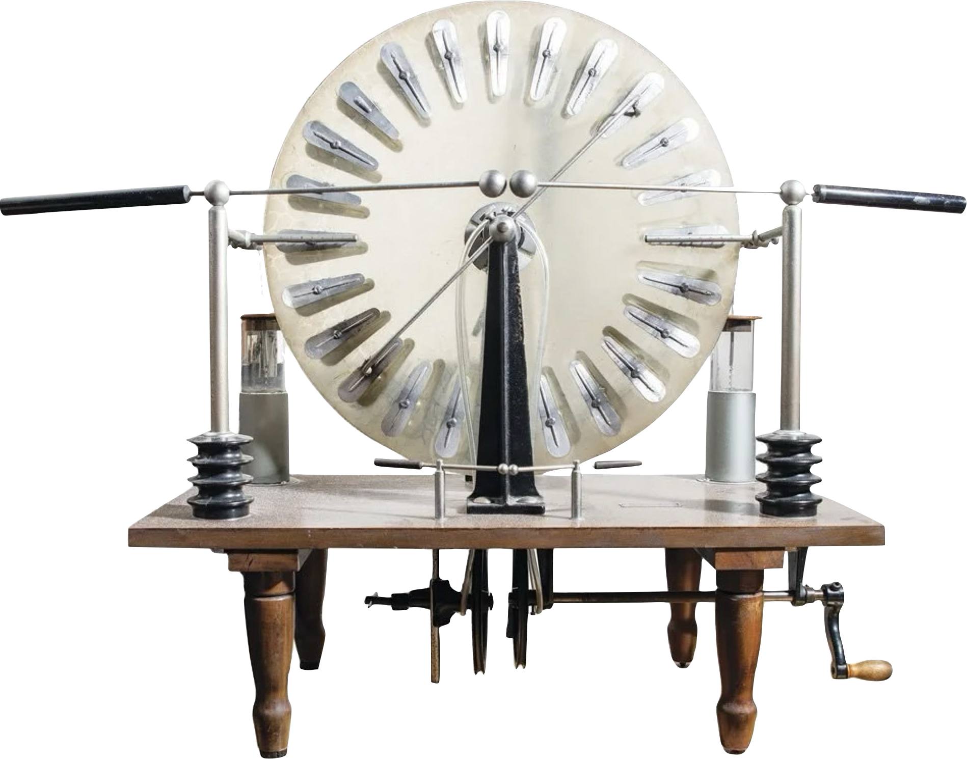 Une machine de Wimshurst : deux disques qui tournent en sens inverse, et deux bouteilles de Leyde